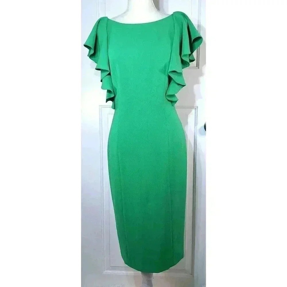 Sachin &‎ Babi Noir Kelly Green Ruffle Sleeve V-Back Sheath Midi Dress Sm/Med